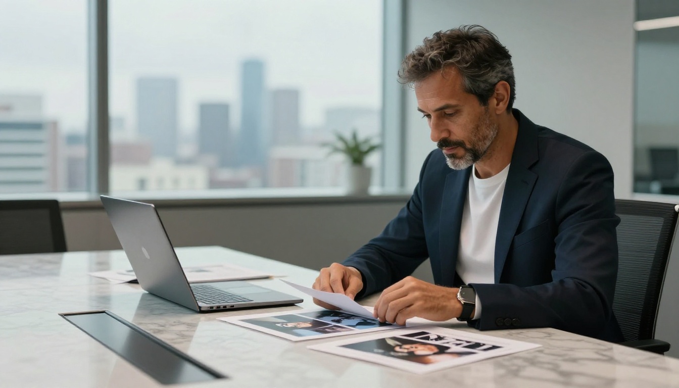 Professional reviewing printed AI image samples in boardroom