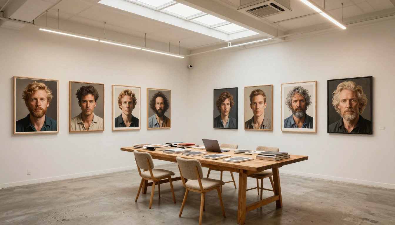 Bright creative studio interior with AI portrait prints on white walls