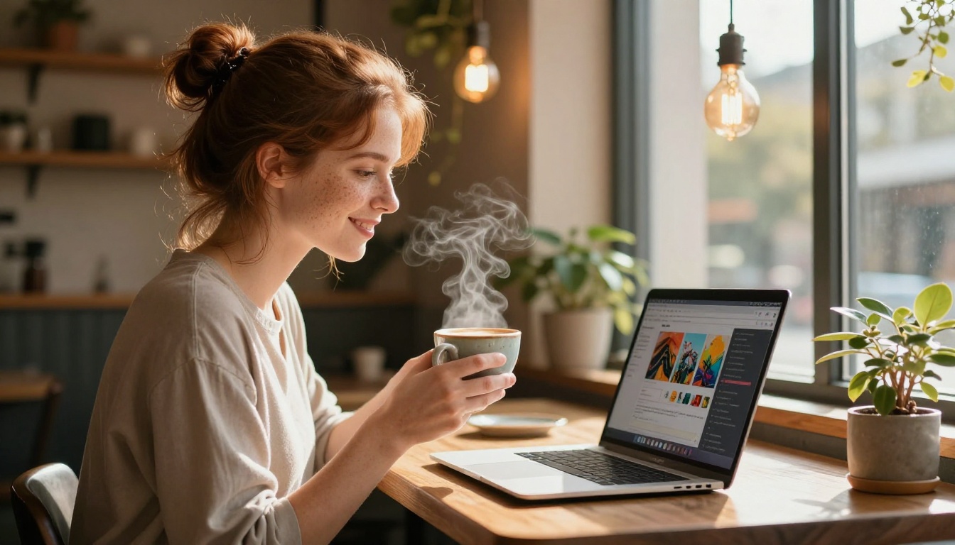Creative woman smiling at AI image gallery on laptop in sunlit cafe