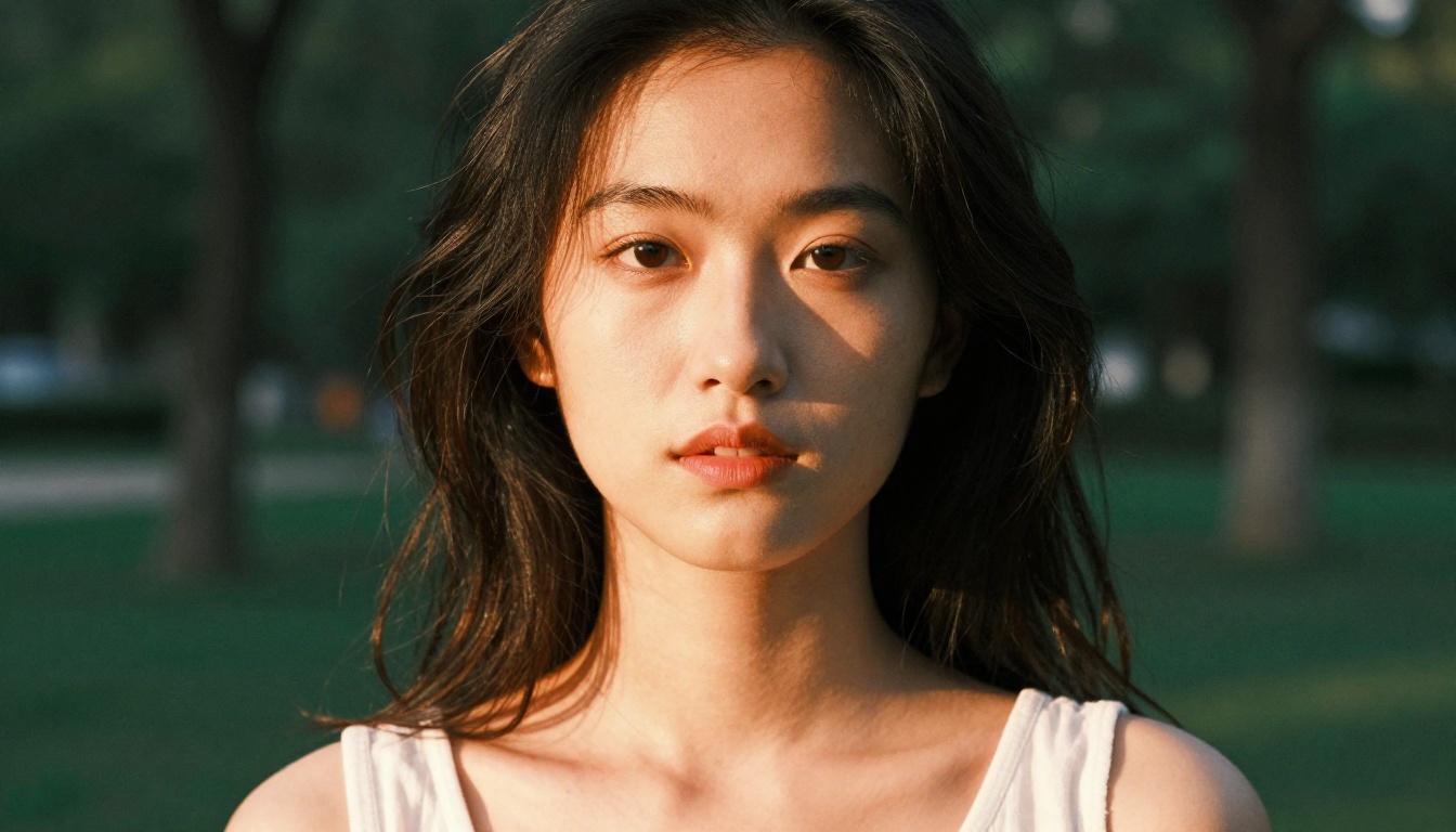 Low-angle portrait of woman with sun-kissed skin in golden hour garden light
