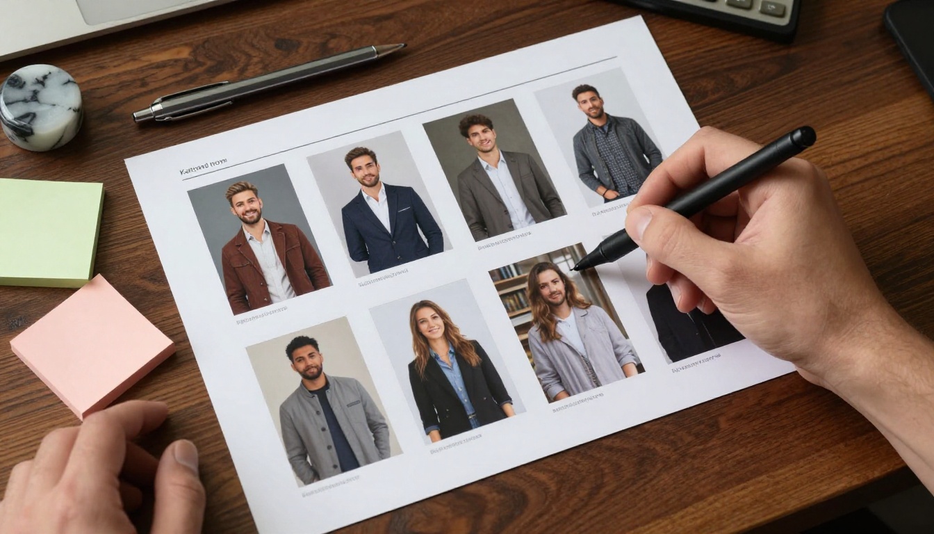 Designer comparing AI-generated image output samples on printed chart