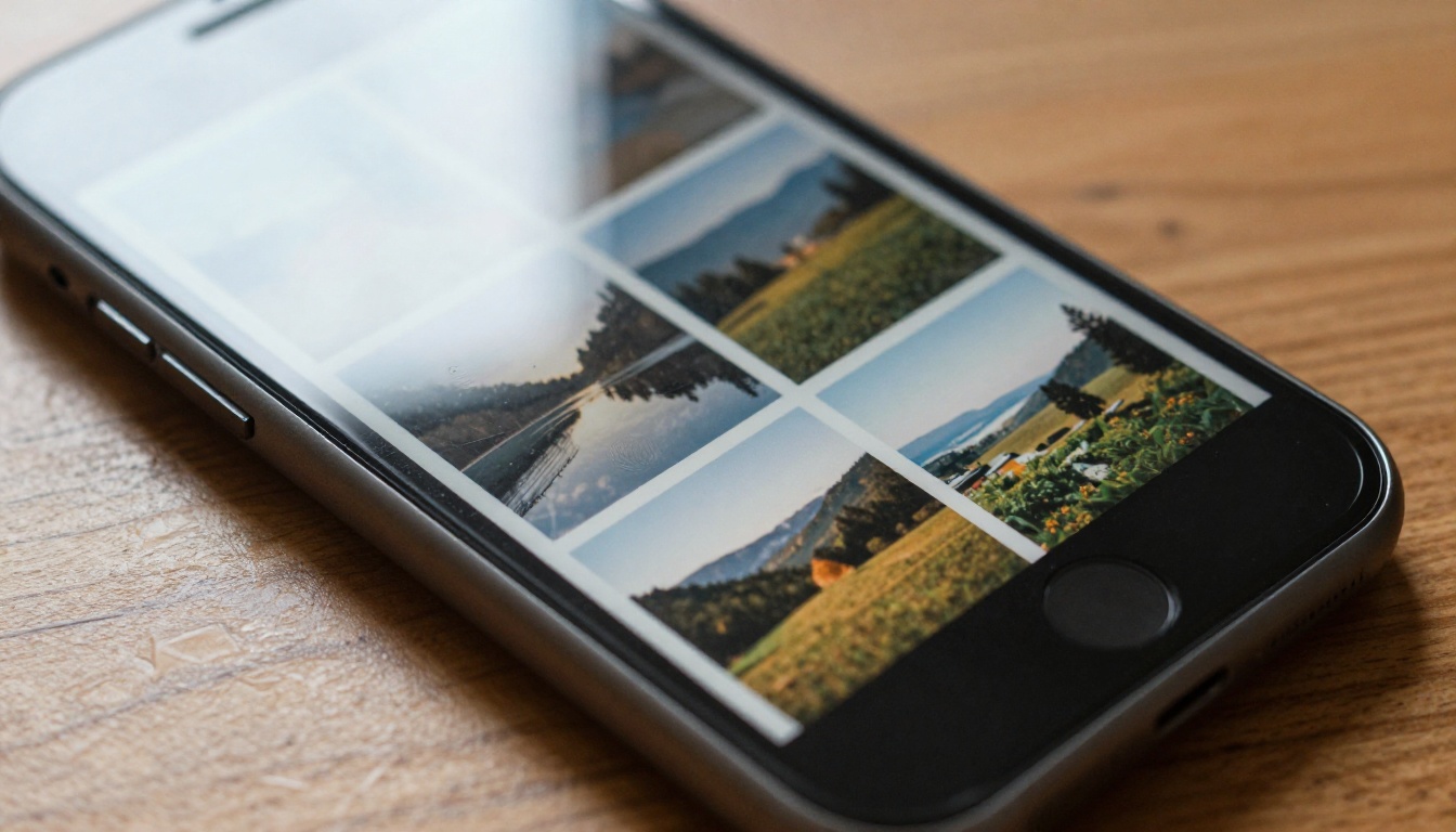 Macro close-up of smartphone screen showing grid of AI-generated landscape photos on wooden table