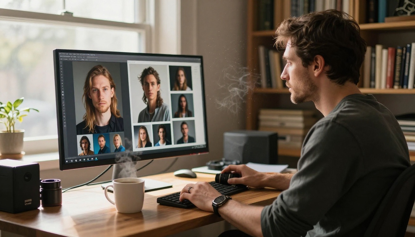 Photographer reviewing AI-generated portraits on widescreen monitor at warm wooden desk