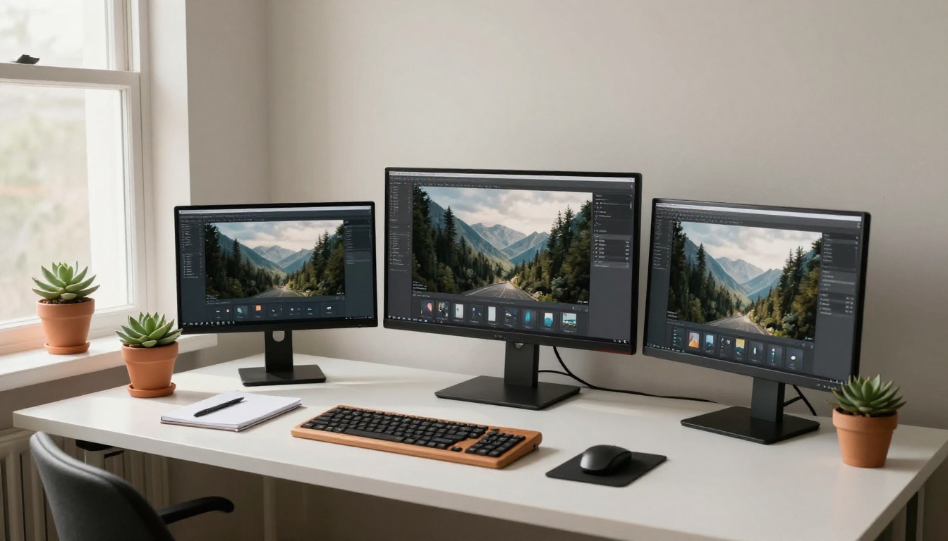Minimalist three-monitor creative workstation with AI-generated images displayed side by side