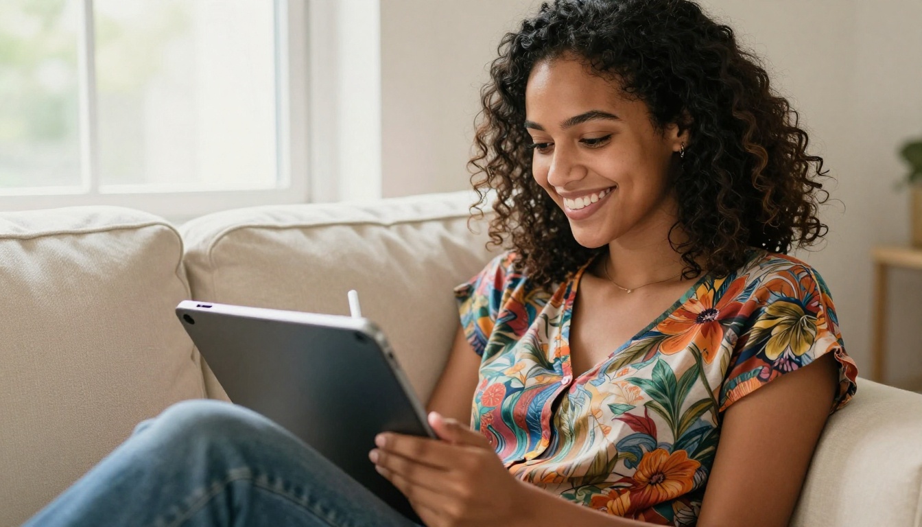 Smiling young woman with warm brown skin drawing on a tablet showing an AI-generated floral portrait