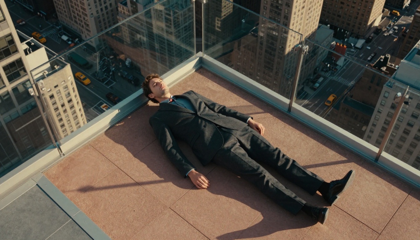 Aerial overhead perspective of a man in a suit on a rooftop with city grid below