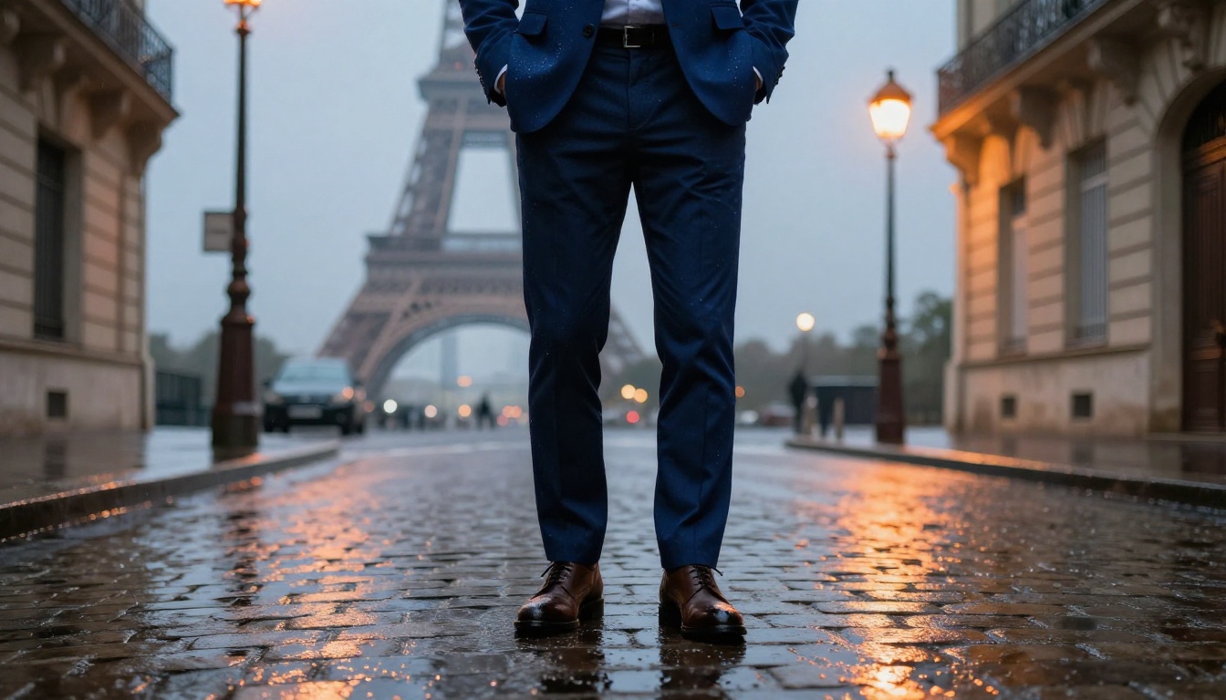 Low-angle street portrait of a man in navy blazer on rain-wet Paris cobblestones at dusk