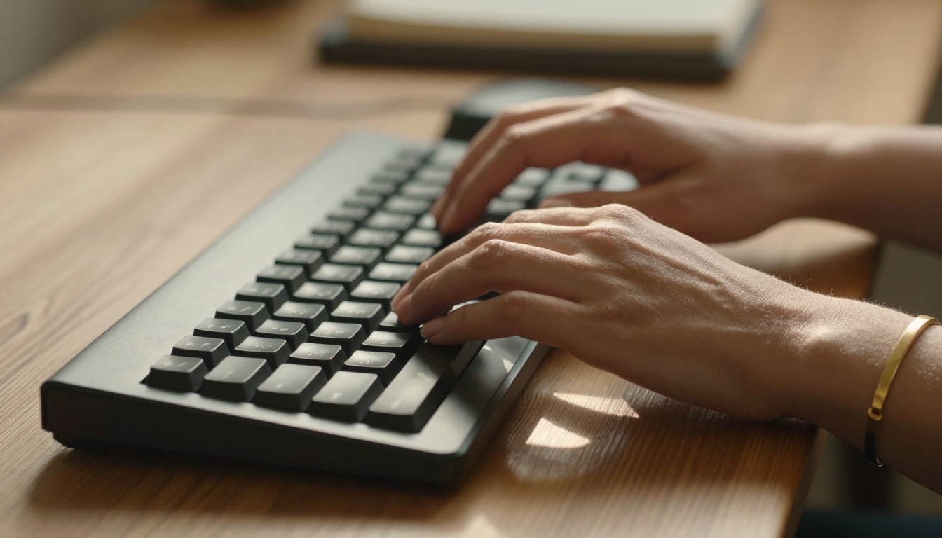 Woman's hands typing on a mechanical keyboard with macro detail and warm window light