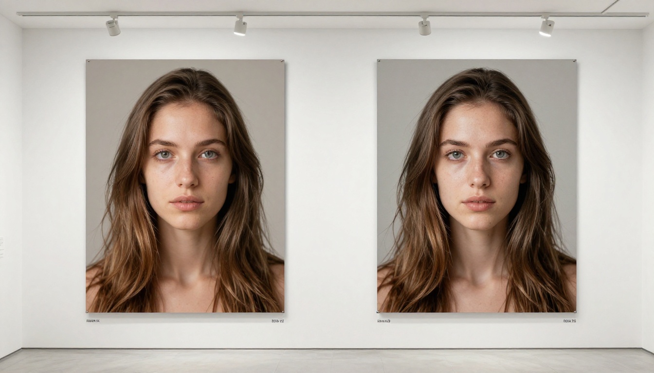 Two photographic prints pinned side by side on a white gallery wall showing quality comparison