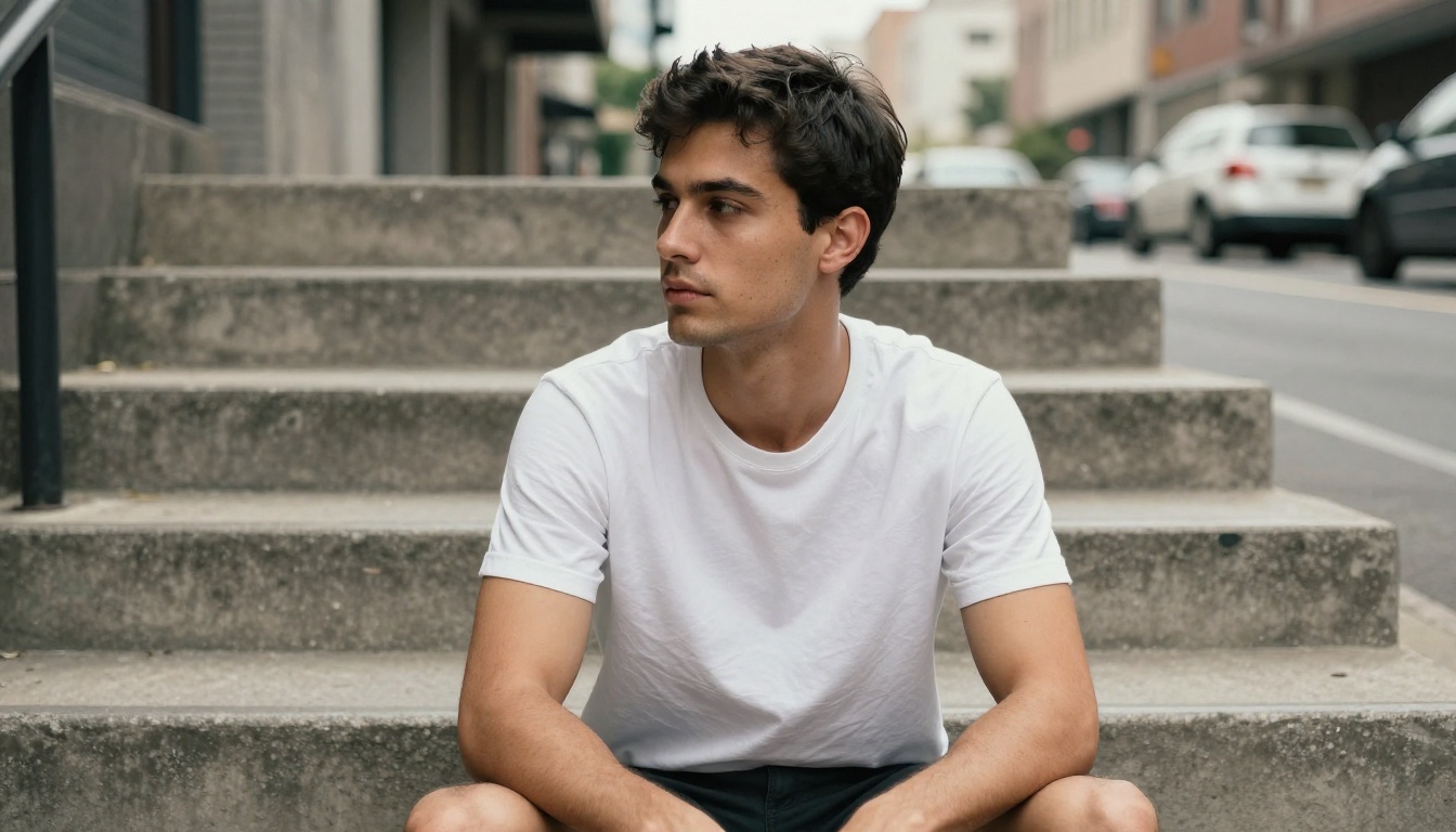 Male model with authentic skin texture seated on brutalist concrete steps in urban setting