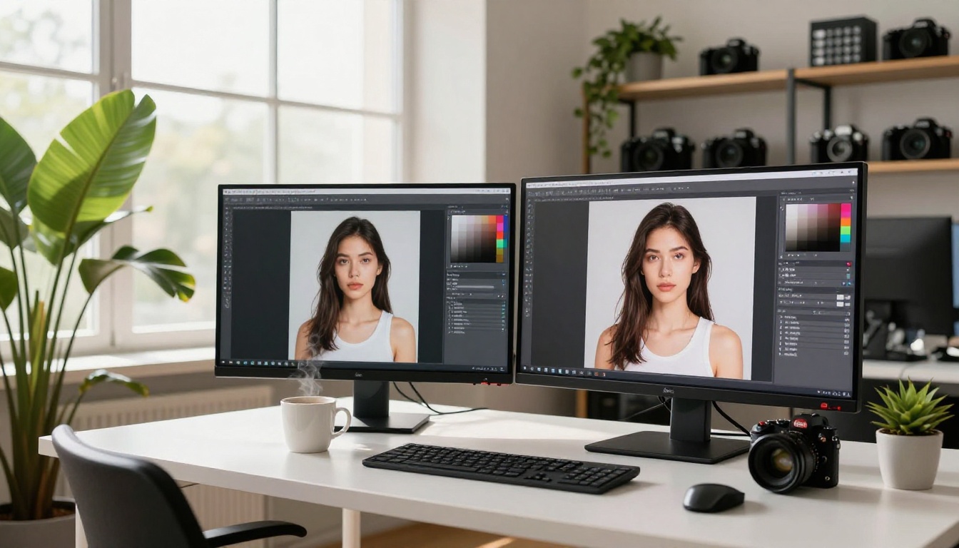 Professional studio workspace with dual monitors showing AI-generated portraits in post-production software