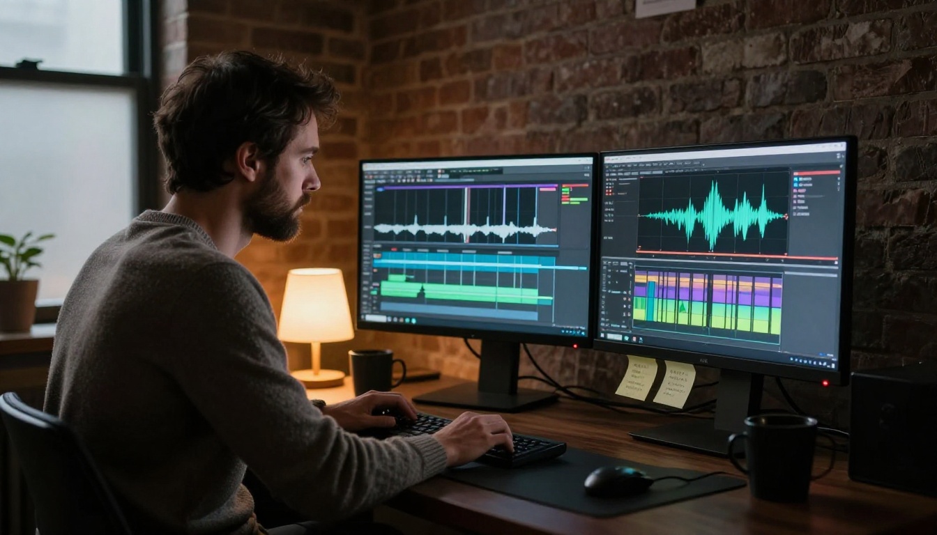Video editor comparing AI-generated footage on professional monitors in a dimly lit editing suite