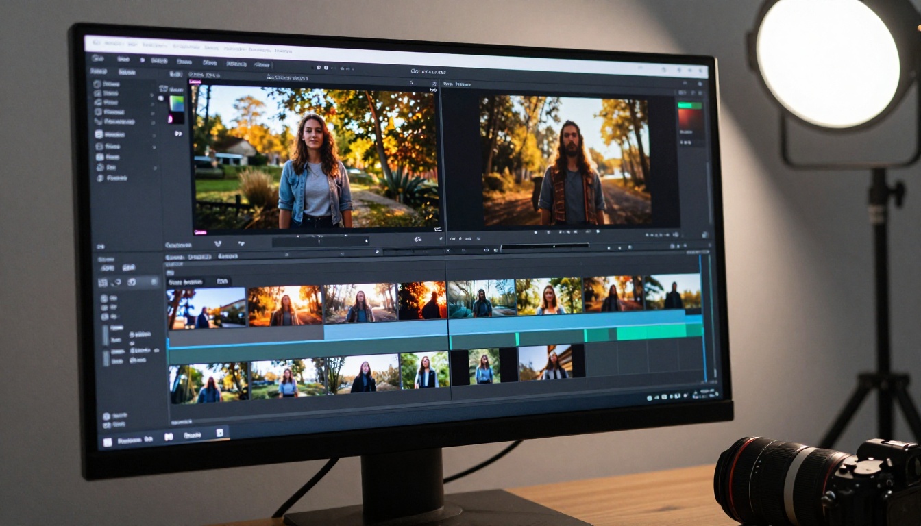 Close-up of professional video editing timeline showing two AI-generated video tracks side by side