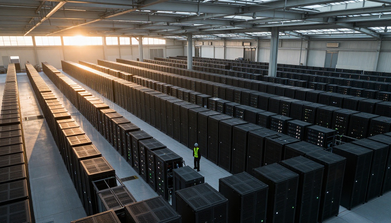 Wide aerial view of a vast data center facility at dawn with rows of server racks illuminated by golden morning skylight