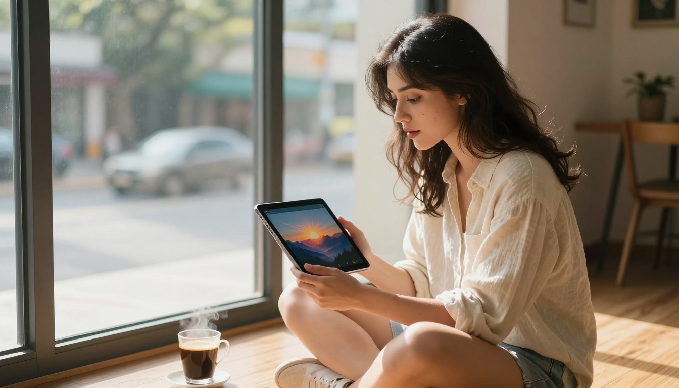 Young woman with dark wavy hair sitting by a bay window holding a tablet showing an AI-generated mountain sunrise video