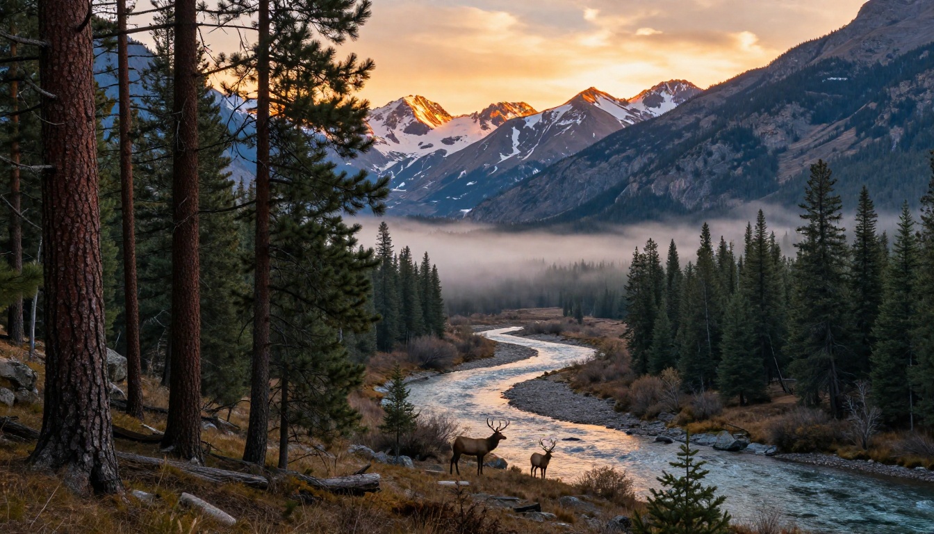 Photorealistic mountain valley landscape at golden hour with an elk standing at the river's edge surrounded by pine trees