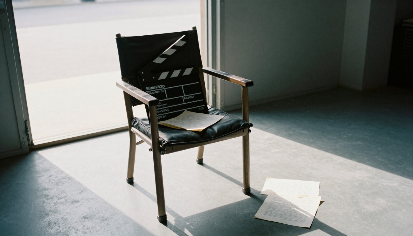 Vintage director's chair and clapperboard on an empty film studio sound stage with dramatic natural daylight