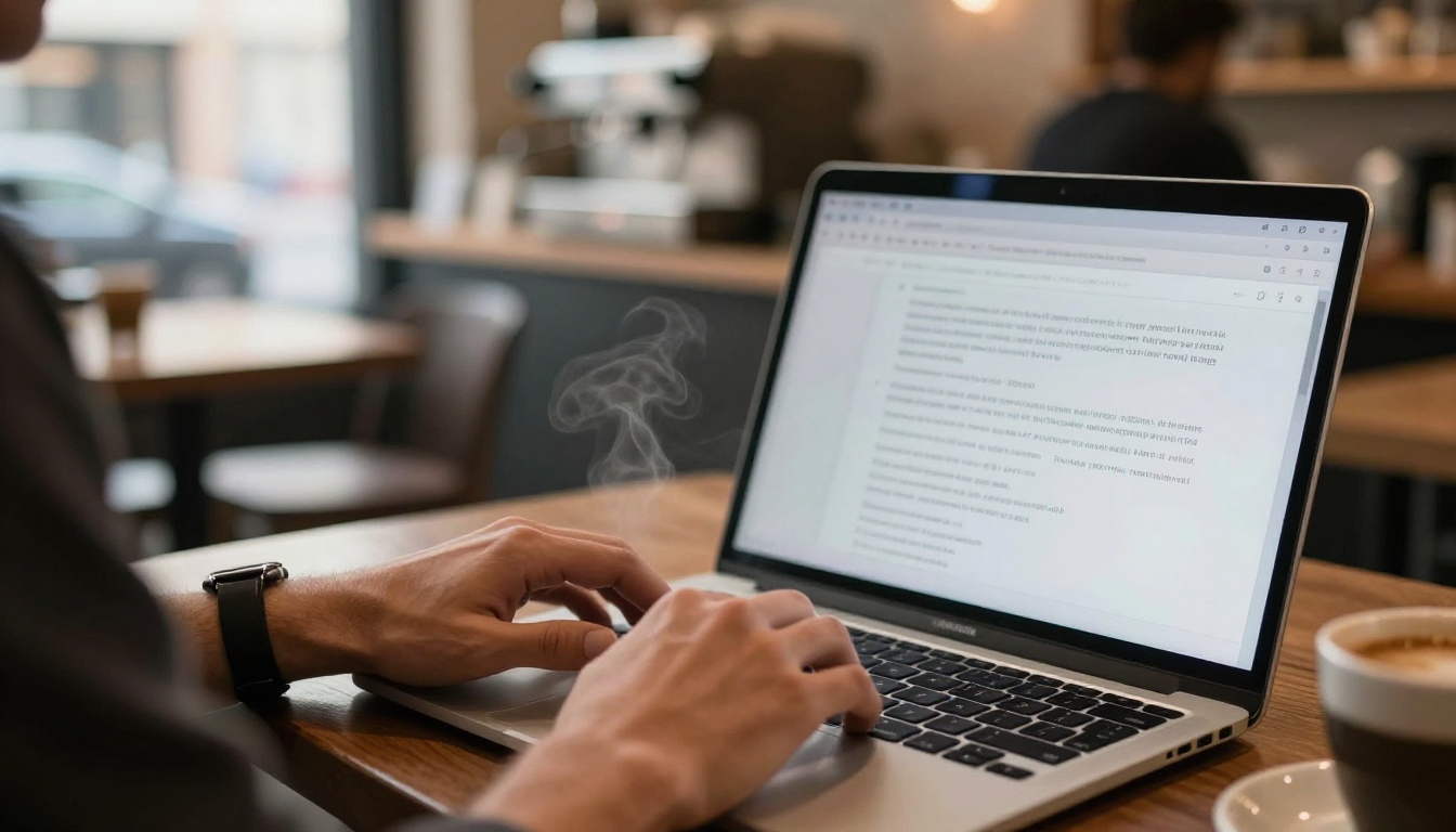 Man's hands typing a creative AI video prompt on a silver laptop in a warm, busy urban coffee shop