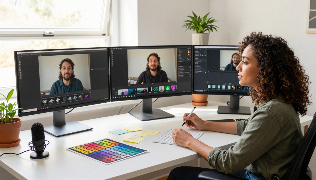 Creative professional woman with curly hair sitting at a curved triple-monitor desk displaying video comparison interfaces