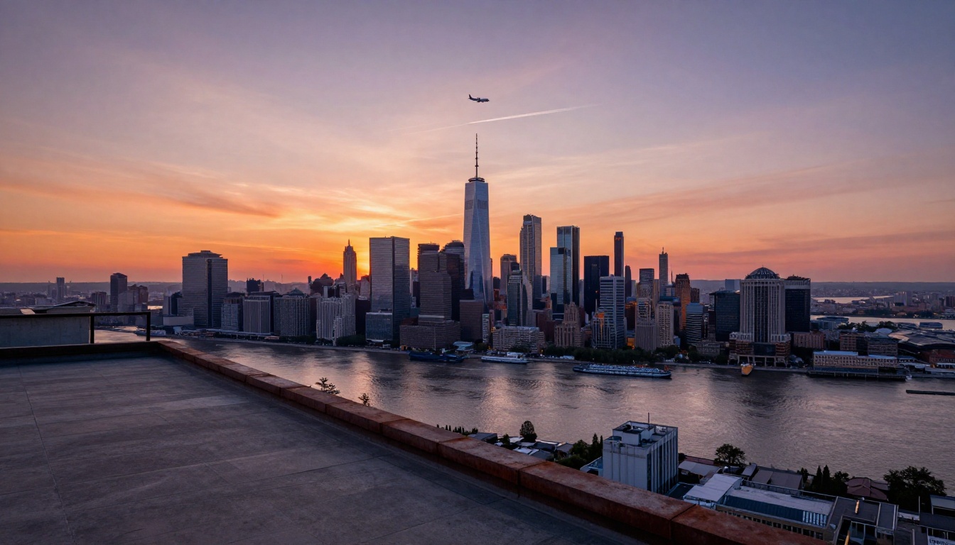 Dramatic aerial cityscape at sunset with glass towers, a river reflection, and a vapor trail high above the urban skyline