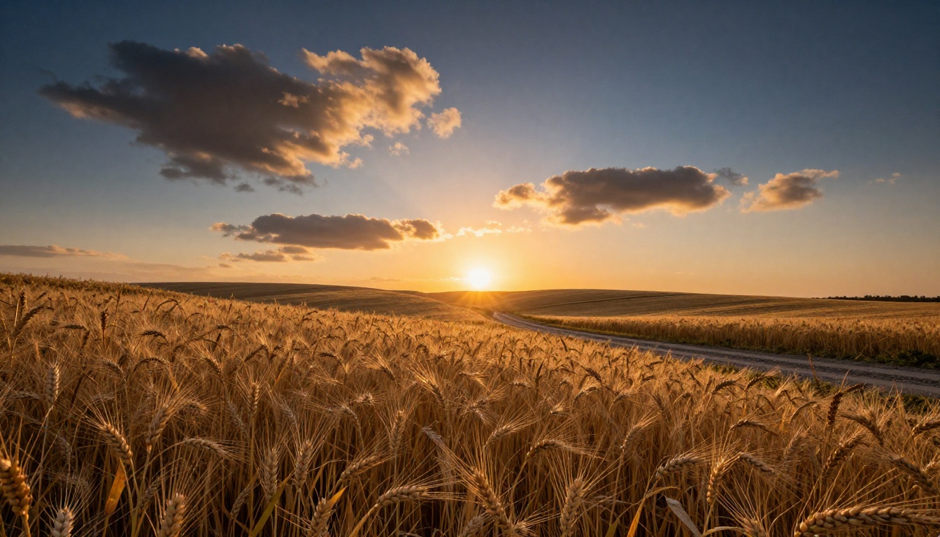 Rolling wheat fields at golden hour with dramatic cumulus clouds and dirt road