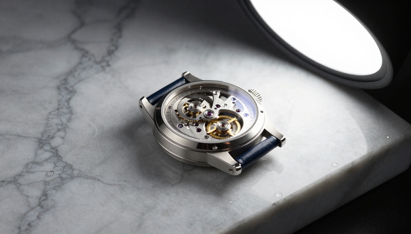 Luxury Swiss watch product photography on Calacatta marble, precise material detail