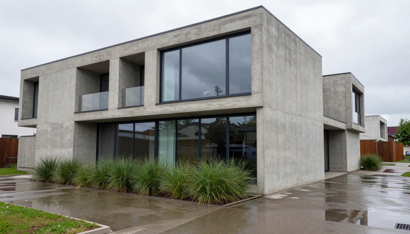 Contemporary architectural exterior with raw concrete texture, wet pavement reflections under overcast light