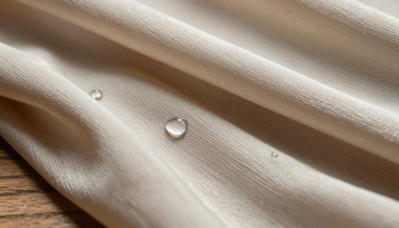 Extreme close-up silk fabric texture with water droplet refracting ambient light