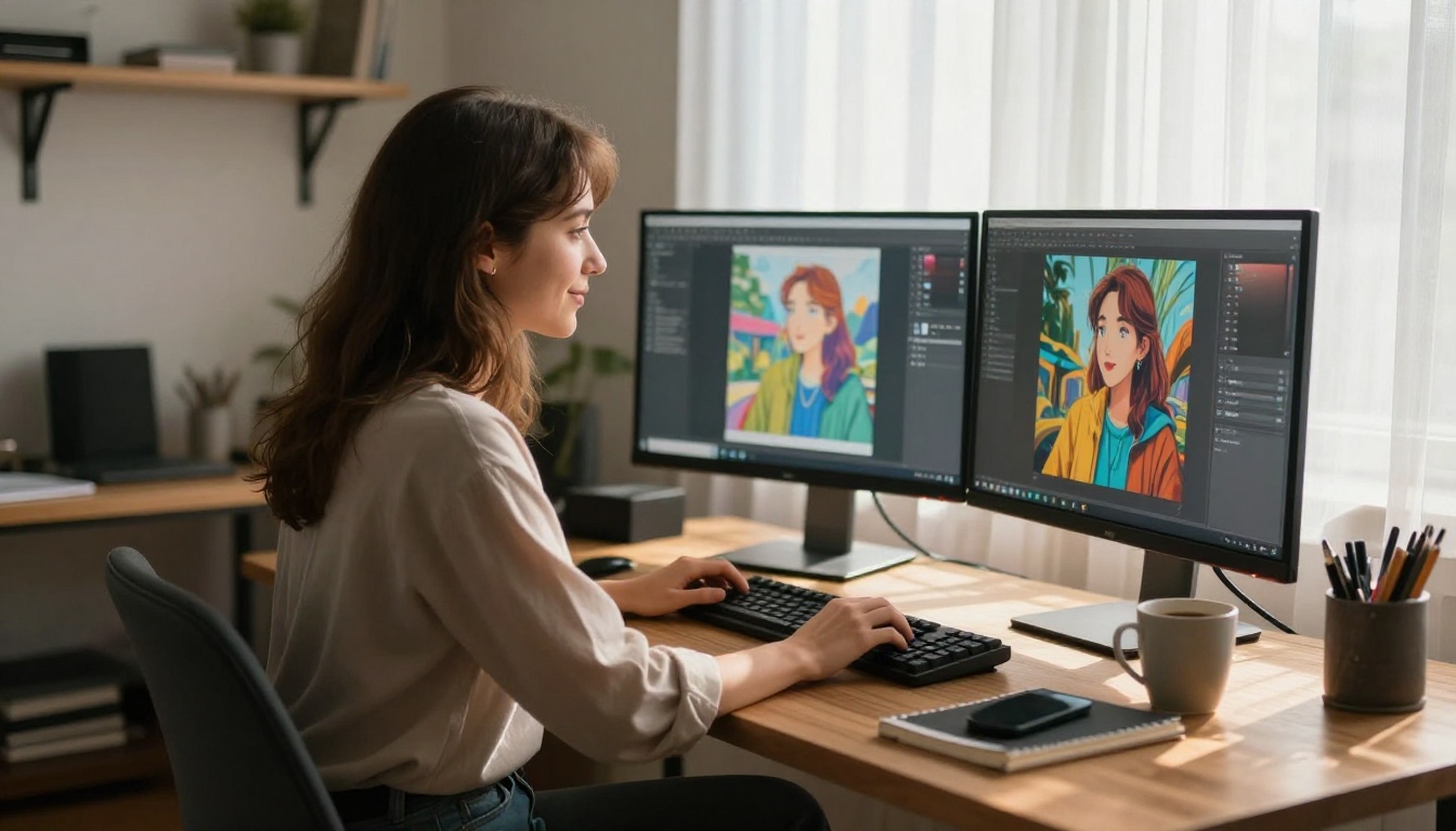 Young woman working on AI image generation at a sunlit home studio, dual monitor setup