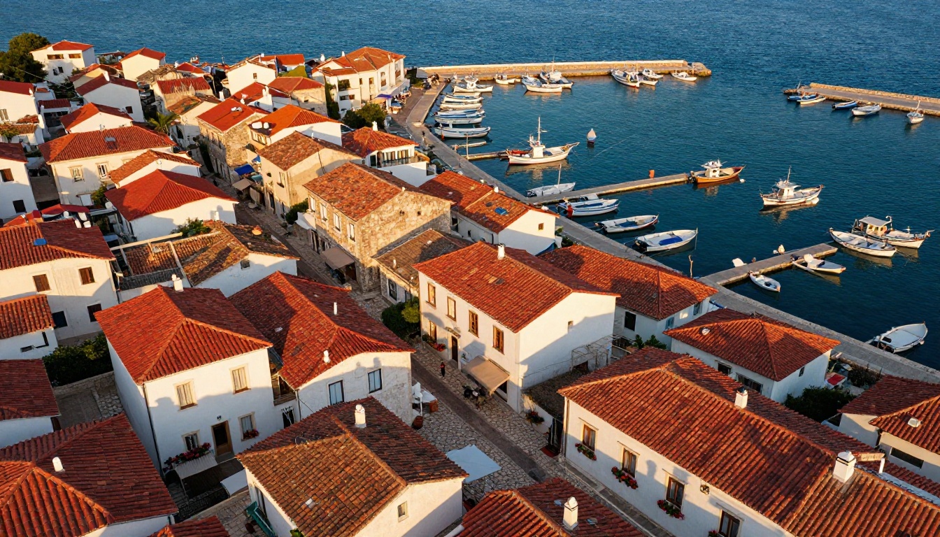 Aerial coastal Mediterranean town at golden hour, red-tiled rooftops, turquoise harbor
