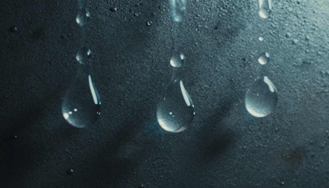 Macro close-up of water droplets frozen mid-impact in slow motion, cinematic RAW photography
