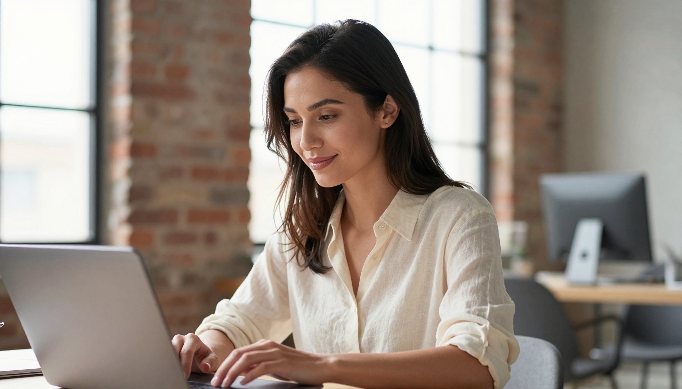 Young professional woman at minimalist oak desk, natural north light, Kodak Portra 400 color grading
