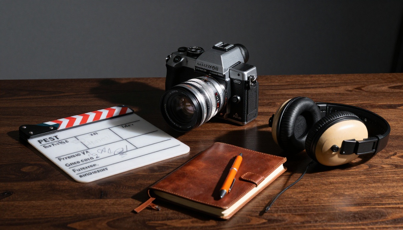 Vintage Arriflex camera body and filmmaking equipment on dark walnut table, dramatic side lighting