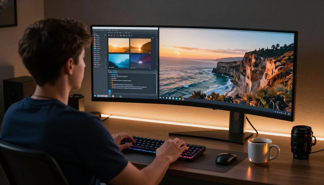 Creative professional at curved monitor setup, warm amber UI on left screen, coastal video frame on right