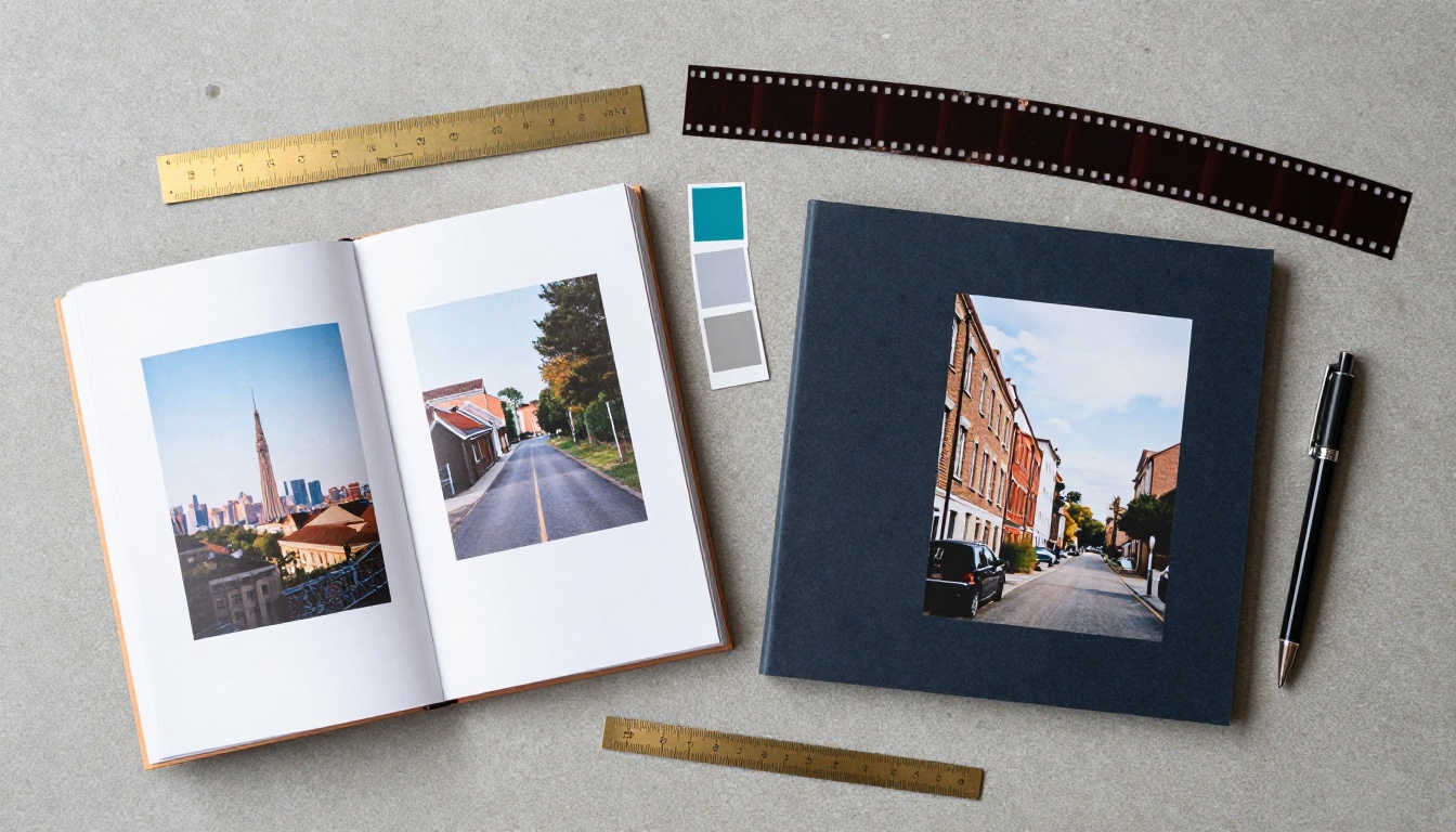 Two printed photography portfolios flat lay on polished concrete, brass ruler between them, film strip across top