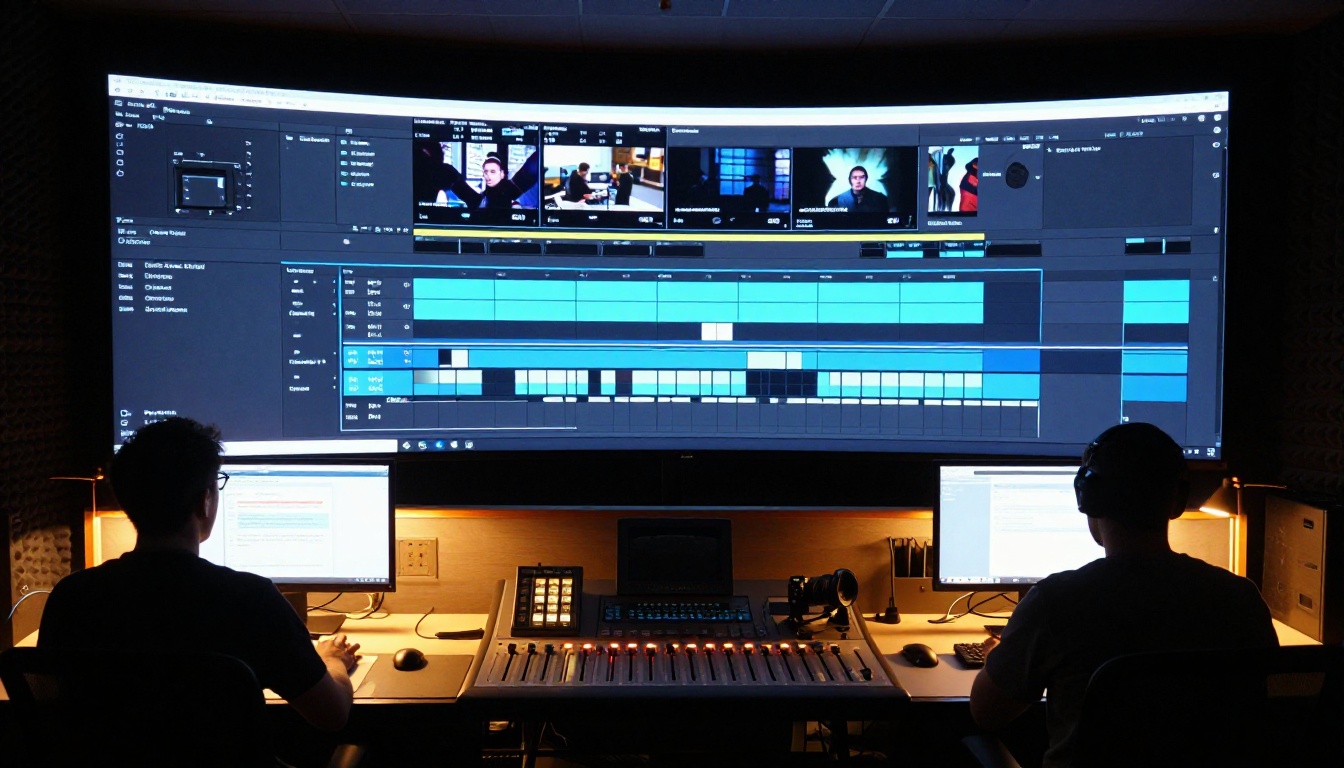 Post-production editing suite, two editors in silhouette against large curved screens, warm amber desk lamps