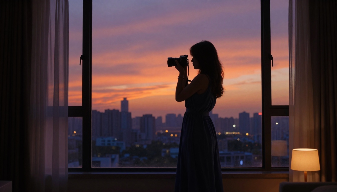 Woman silhouetted against dramatic orange and violet city skyline at dusk, holding camera, Fujifilm PRO 400H tonality