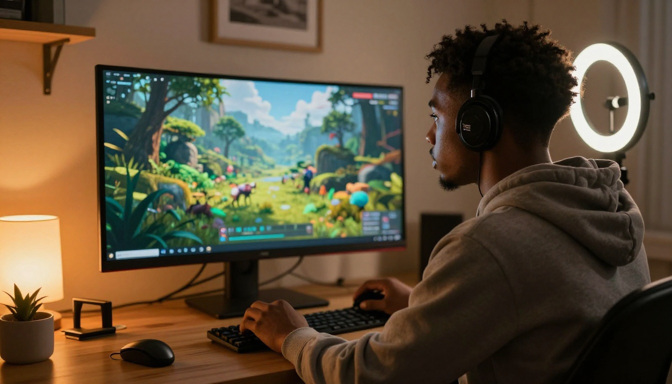 Young content creator reviewing AI-generated video on a curved monitor