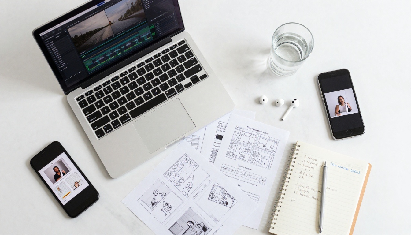 Flat-lay workspace overview with video production tools and storyboards