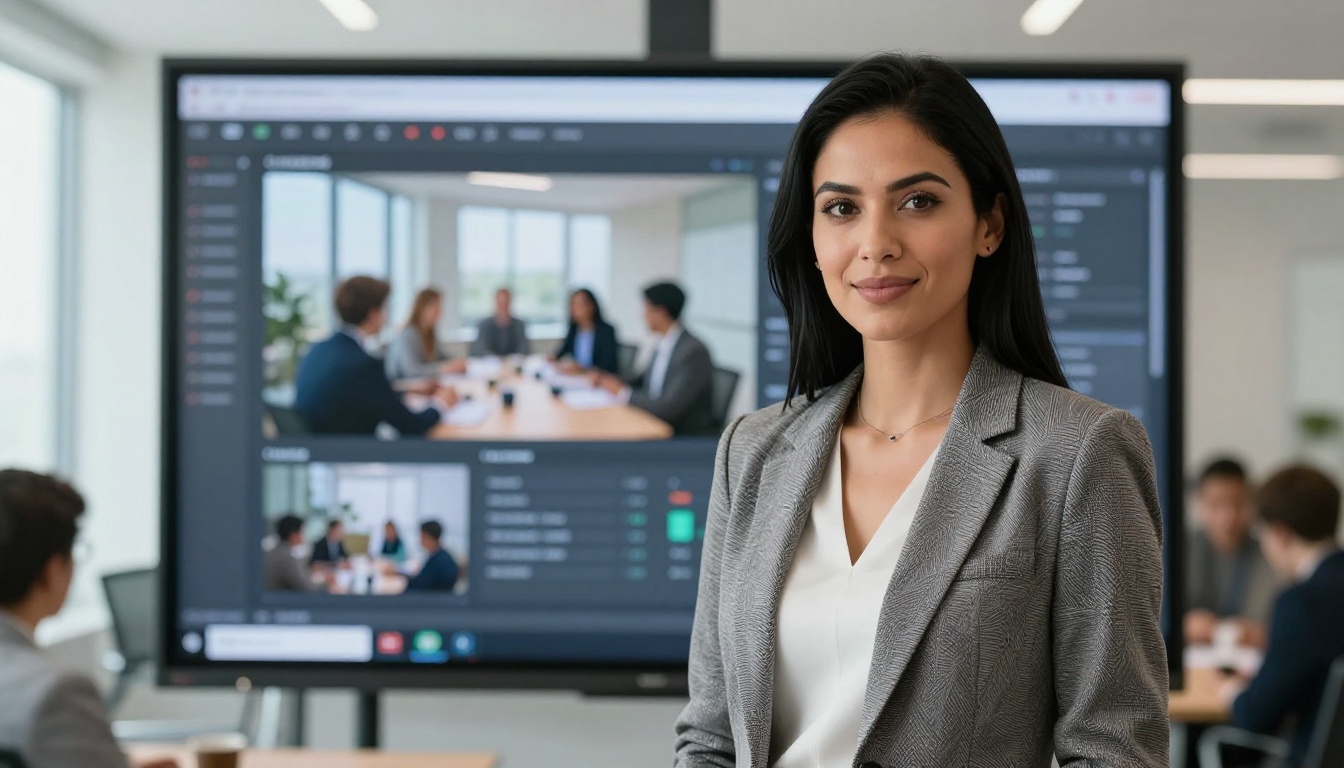 Professional presenter in front of a large AI video interface screen