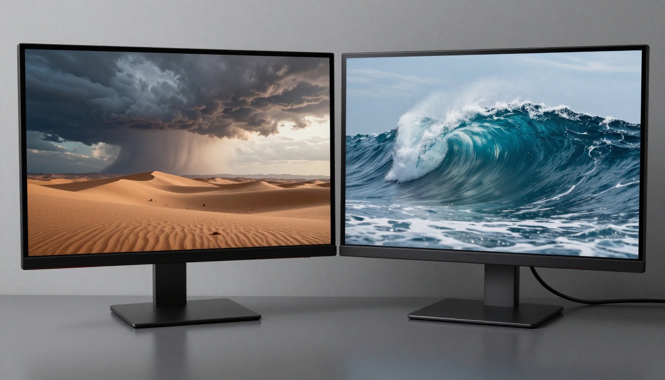 Dual monitors showing AI-generated cinematic video comparison output