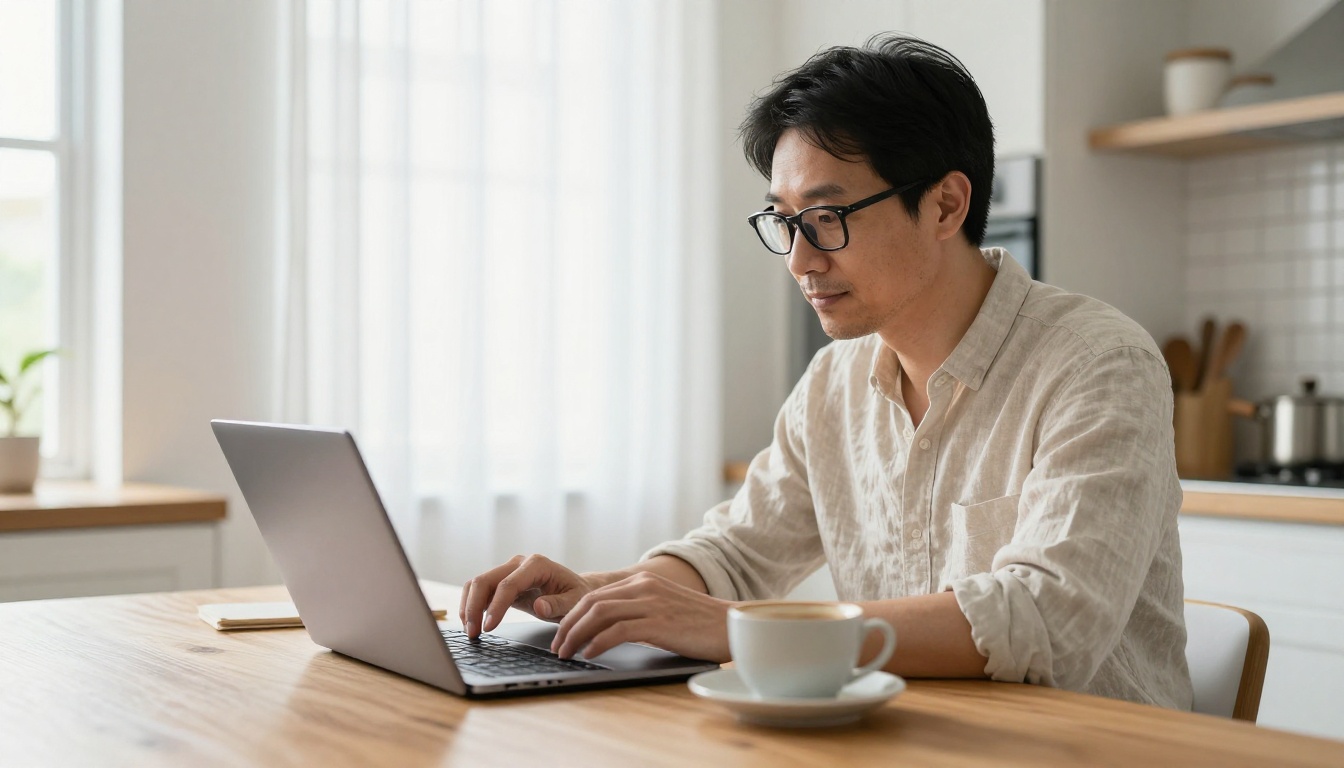 Asian creator reviewing AI video clips at home desk