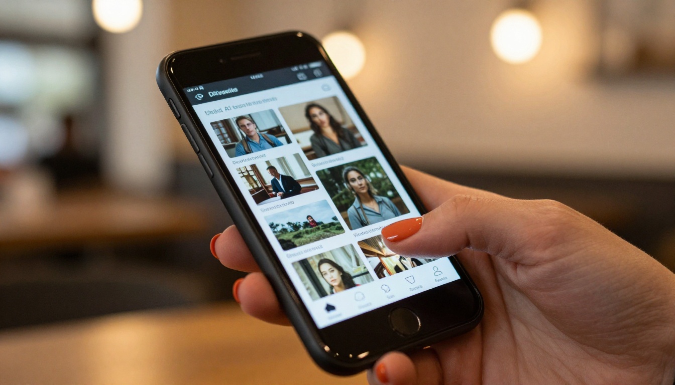 Woman's hand holding smartphone with AI video creation app in a warm cafe setting