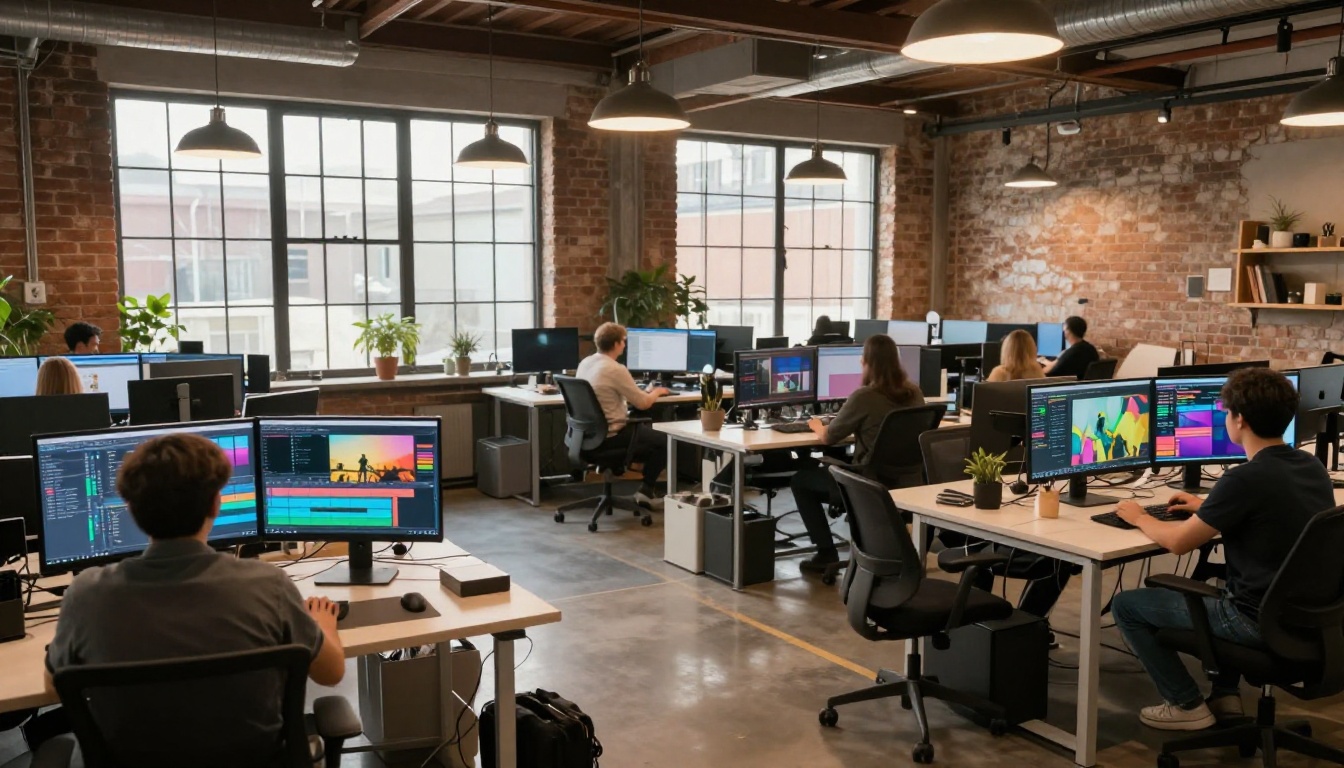 Creative team working in an open-plan video production studio