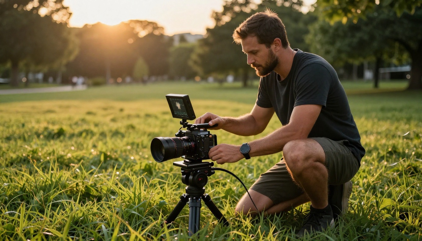 Professional videographer reviewing footage on a field monitor at golden hour