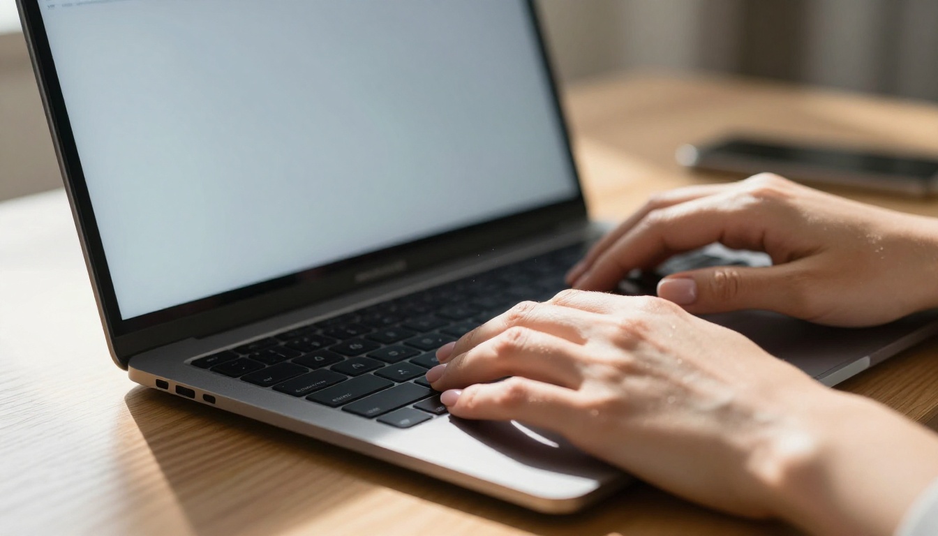 Hands scrolling through AI-generated portraits on a laptop at a sun-drenched home studio desk