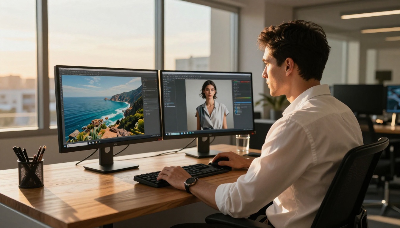 A creative director sitting at a dual-monitor workstation reviewing AI-generated images in a design agency office