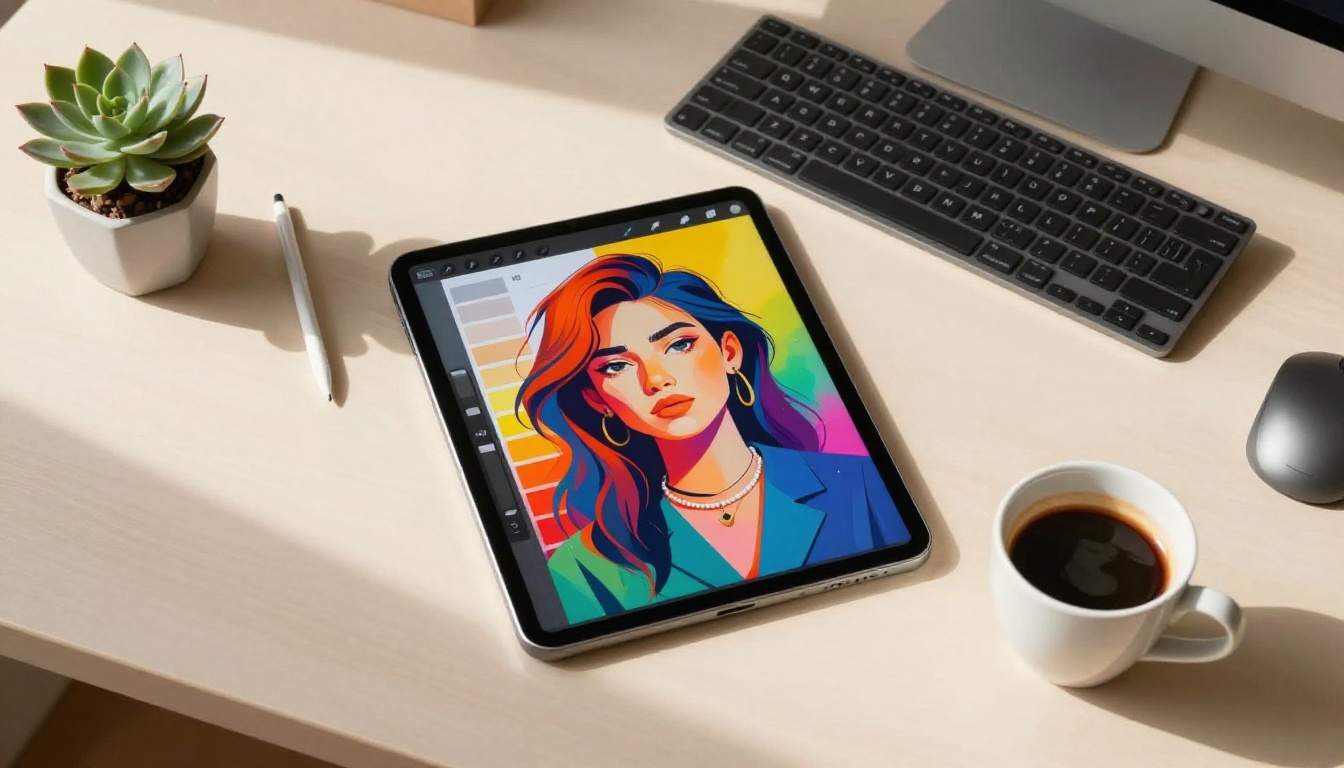 A designer's flat-lay workspace with an iPad Pro showing AI-generated portraits surrounded by color swatches and creative tools
