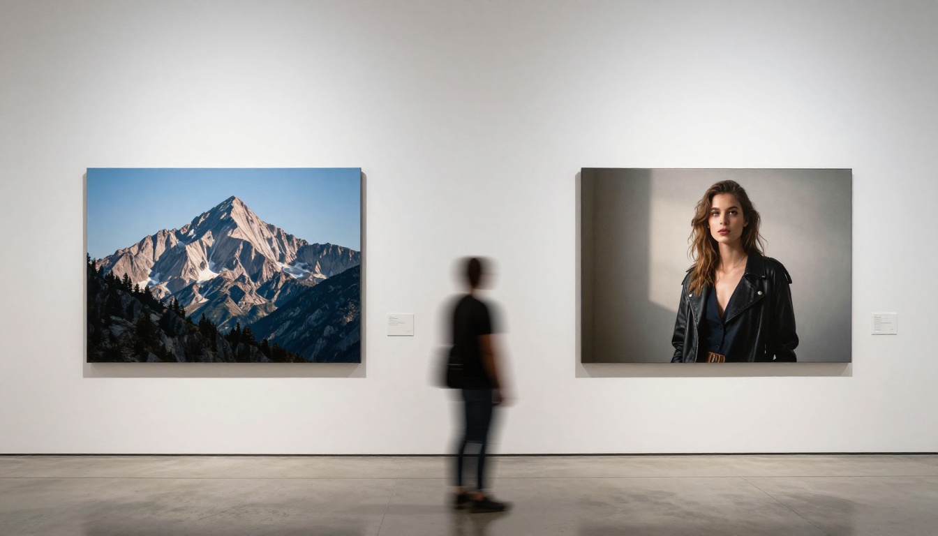 Two large format AI-generated prints displayed side by side in a clean white gallery space