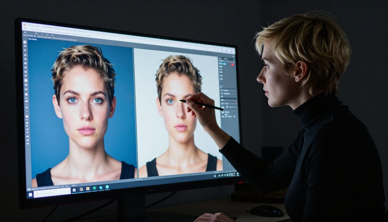 A focused female designer in a dark studio evaluating AI-generated image details on a color-calibrated monitor